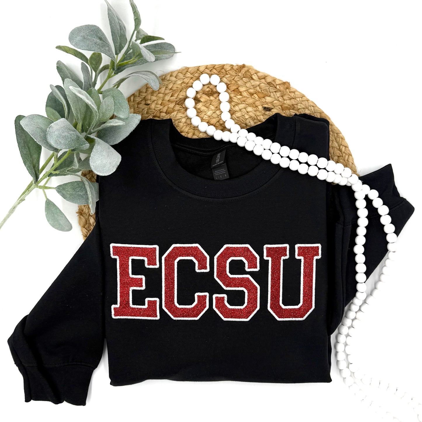 ECSU Red and White Glitter Embroidered Sweatshirt