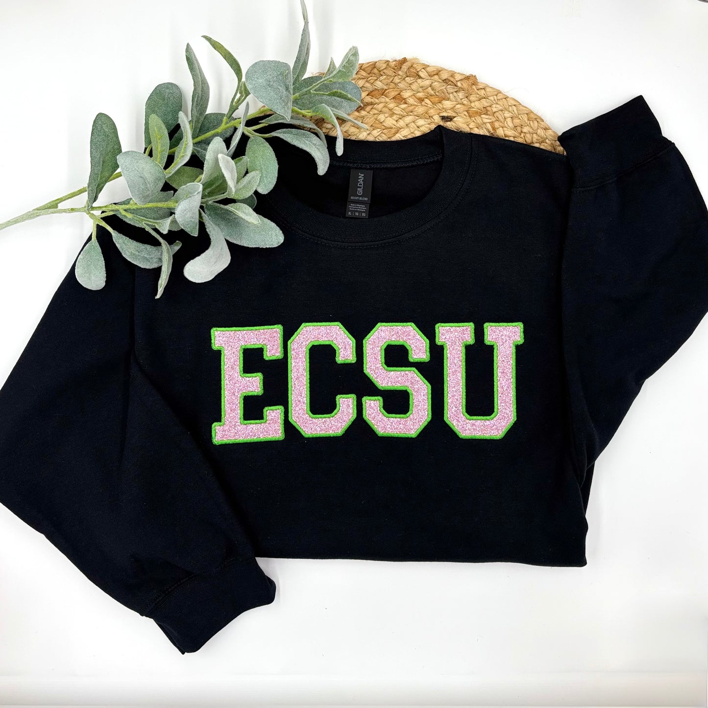 ECSU Pink and Green Glitter Embroidered Sweatshirt