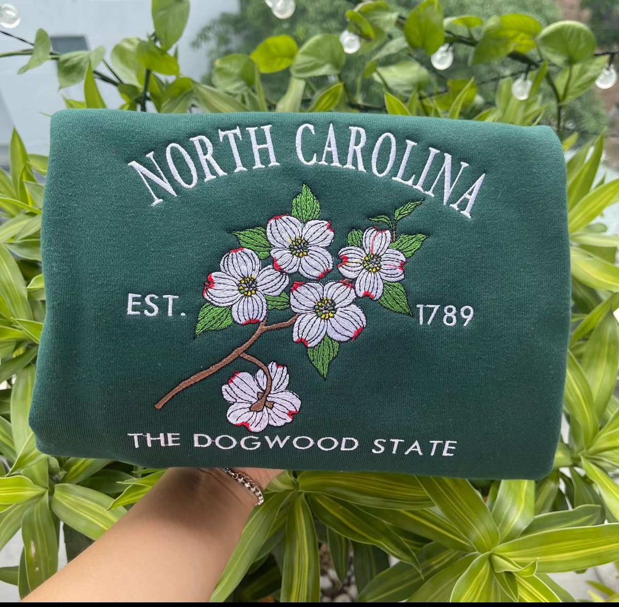 NC Dogwood Embroidered Green Sweatshirt