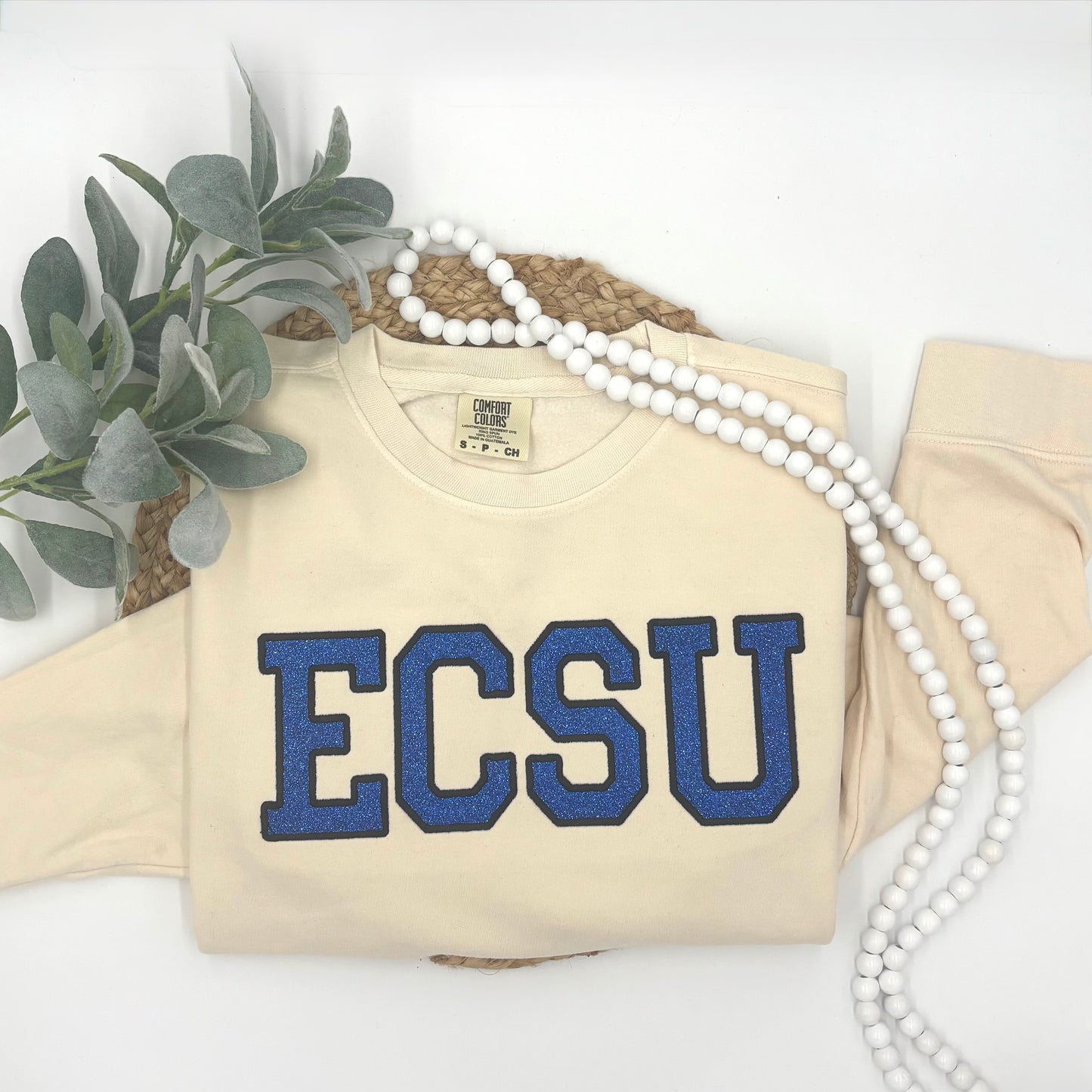 ECSU Blue Glitter Embroidered Cream Sweatshirt